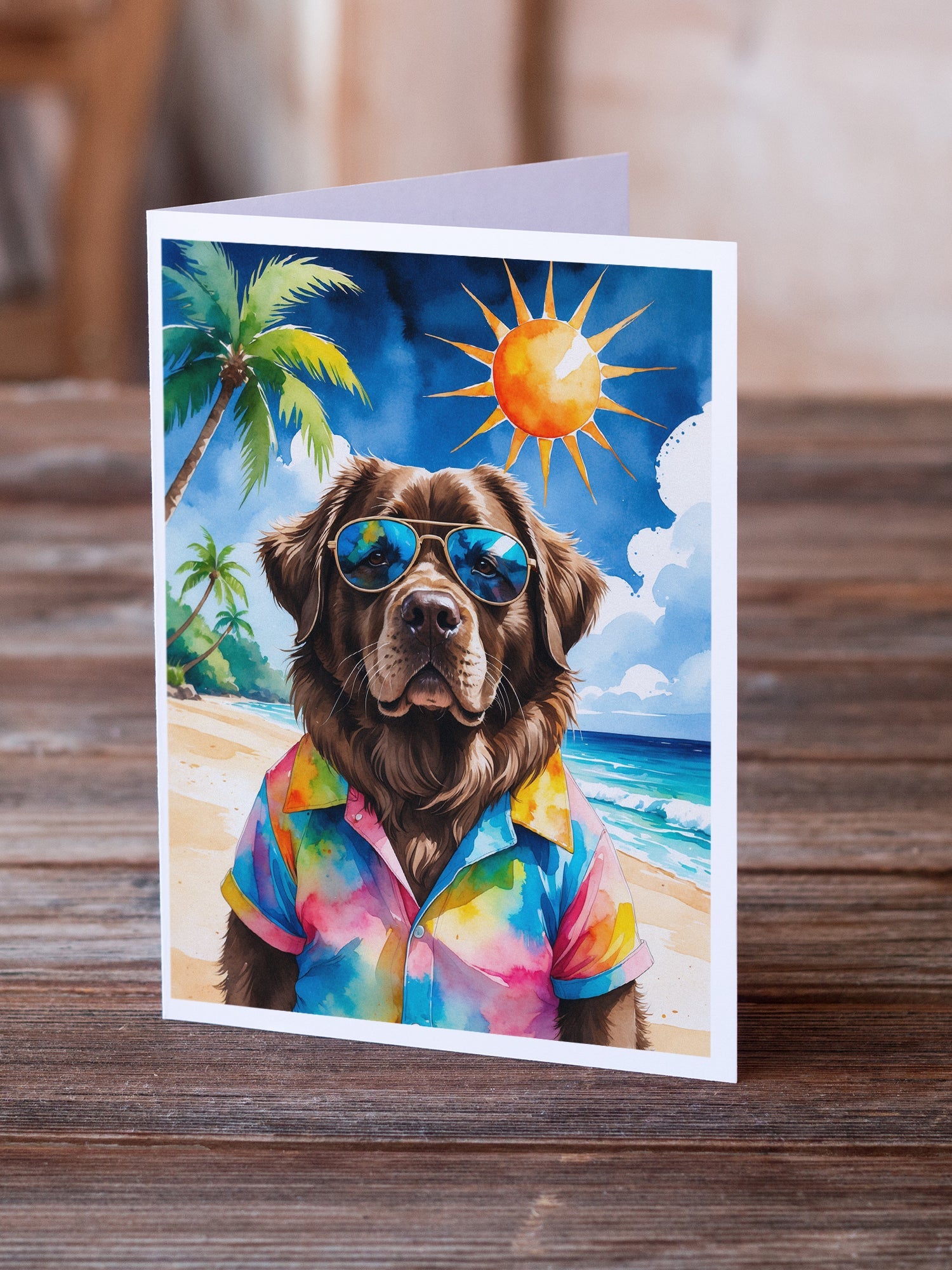 Chocolate Newfoundland Summer Beach Time Greeting Cards Pack of 8 Blank Cards with Envelopes Whimsical A7 Size 5x7