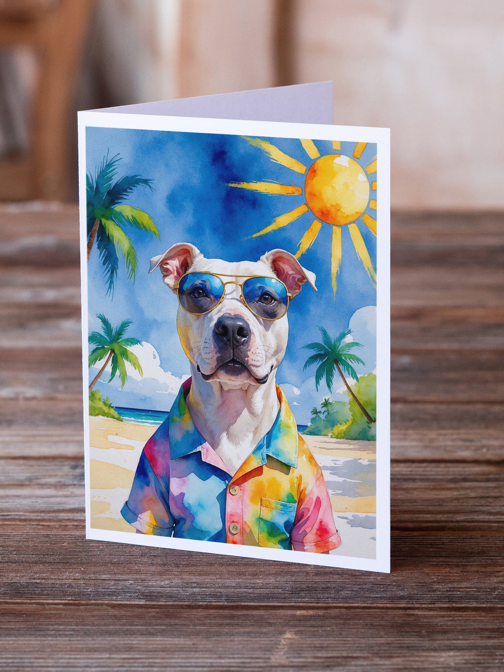 Pit Bull Terrier Summer Beach Time Greeting Cards Pack of 8 Blank Cards with Envelopes Whimsical A7 Size 5x7