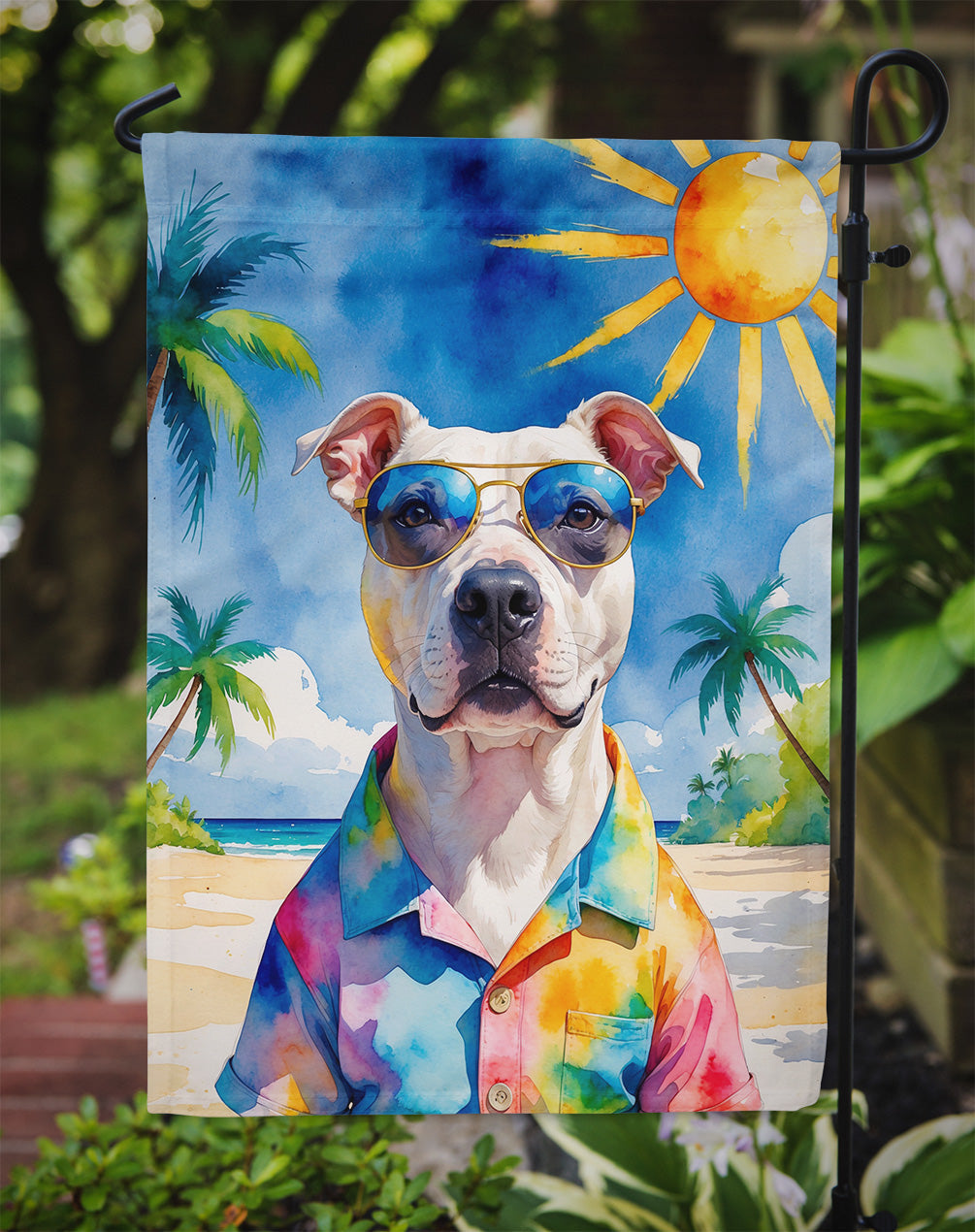 Pit Bull Terrier Summer Beach Time Garden Flag Mailbox Decorative Yard Banner Outside Patio Artwork for Flower Beds, Garden Size, Multicolor