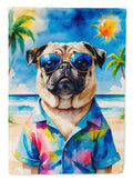 Pug Summer Beach Time House Flag 28x40 Porch Sleeve Pole Decorative Outside Yard Banner Artwork Wall Hanging, Polyester
