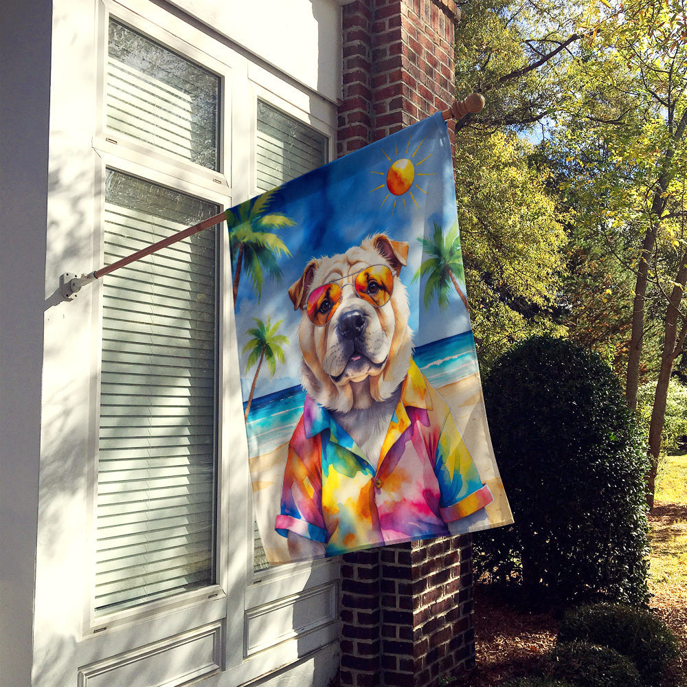Shar Pei Summer Beach Time House Flag 28x40 Porch Sleeve Pole Decorative Outside Yard Banner Artwork Wall Hanging, Polyester