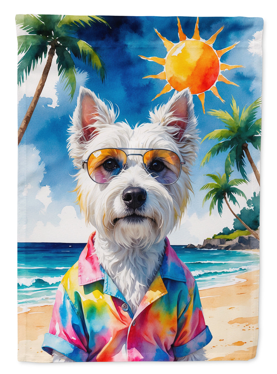 Westie Summer Beach Time House Flag 28x40 Porch Sleeve Pole Decorative Outside Yard Banner Artwork Wall Hanging, Polyester