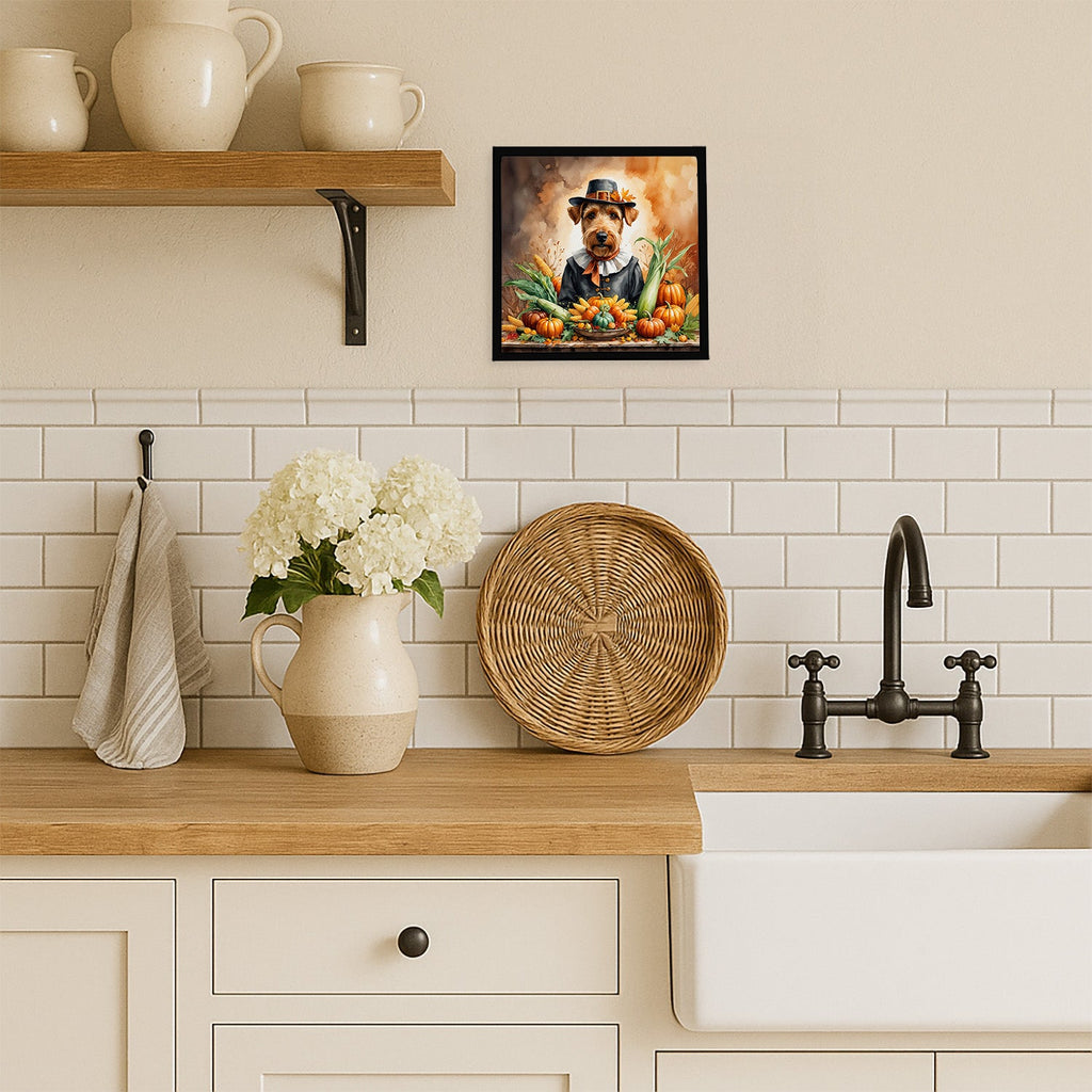 Airedale Terrier Thanksgiving Framed Metal Print Bathroom, Kitchen, Office, Home Decor Wall Art Ready to Hang, Square, 8X8