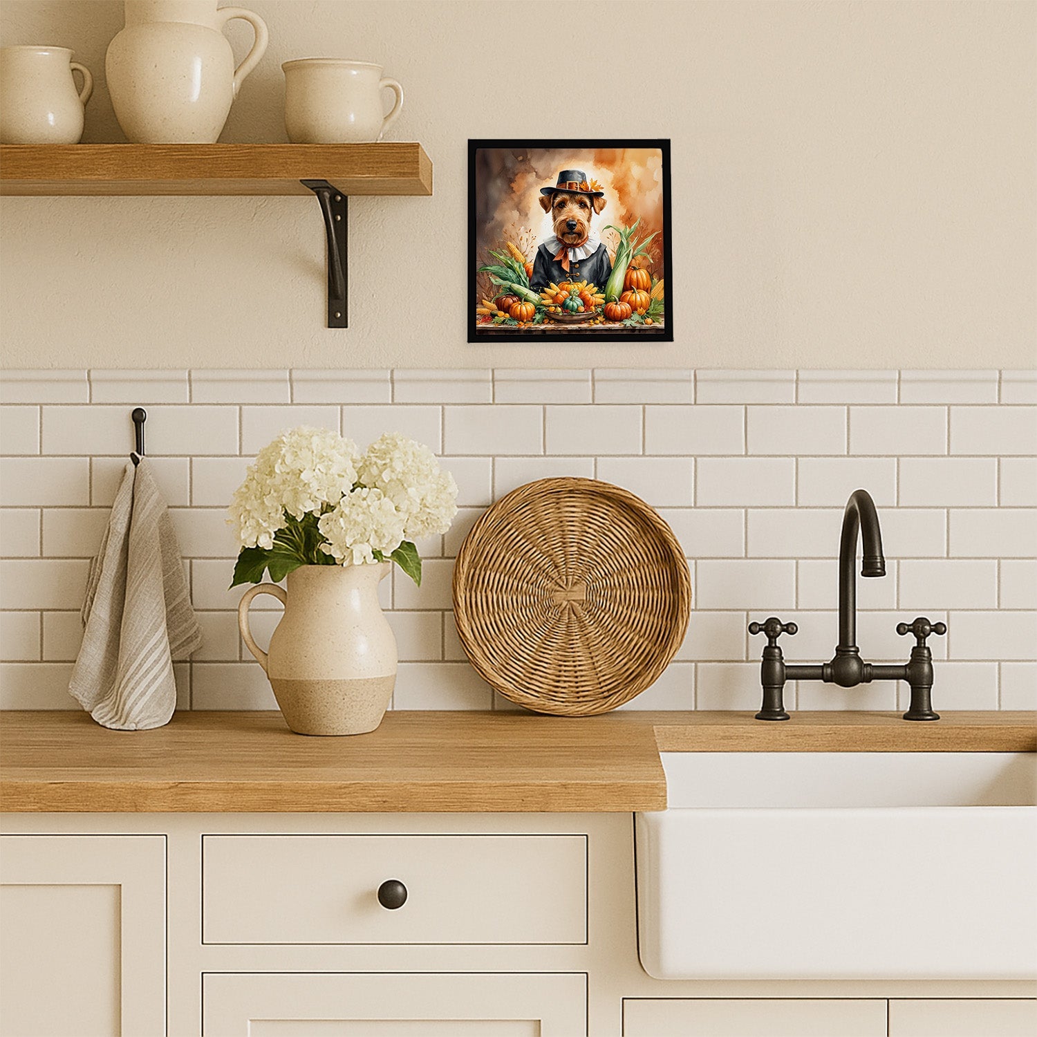 Airedale Terrier Thanksgiving Framed Metal Print Bathroom, Kitchen, Office, Home Decor Wall Art Ready to Hang, Square, 8X8