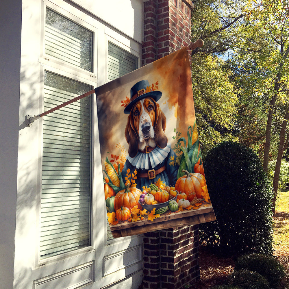 Basset Hound Thanksgiving House Flag 28x40 Porch Sleeve Pole Decorative Outside Yard Banner Artwork Wall Hanging, Polyester
