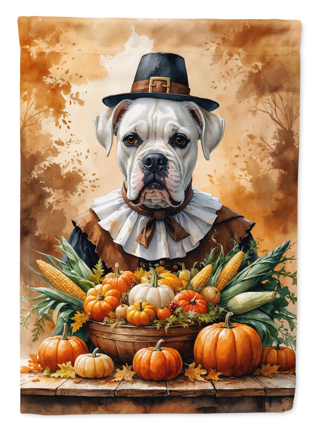 White Boxer Thanksgiving House Flag 28x40 Porch Sleeve Pole Decorative Outside Yard Banner Artwork Wall Hanging, Polyester