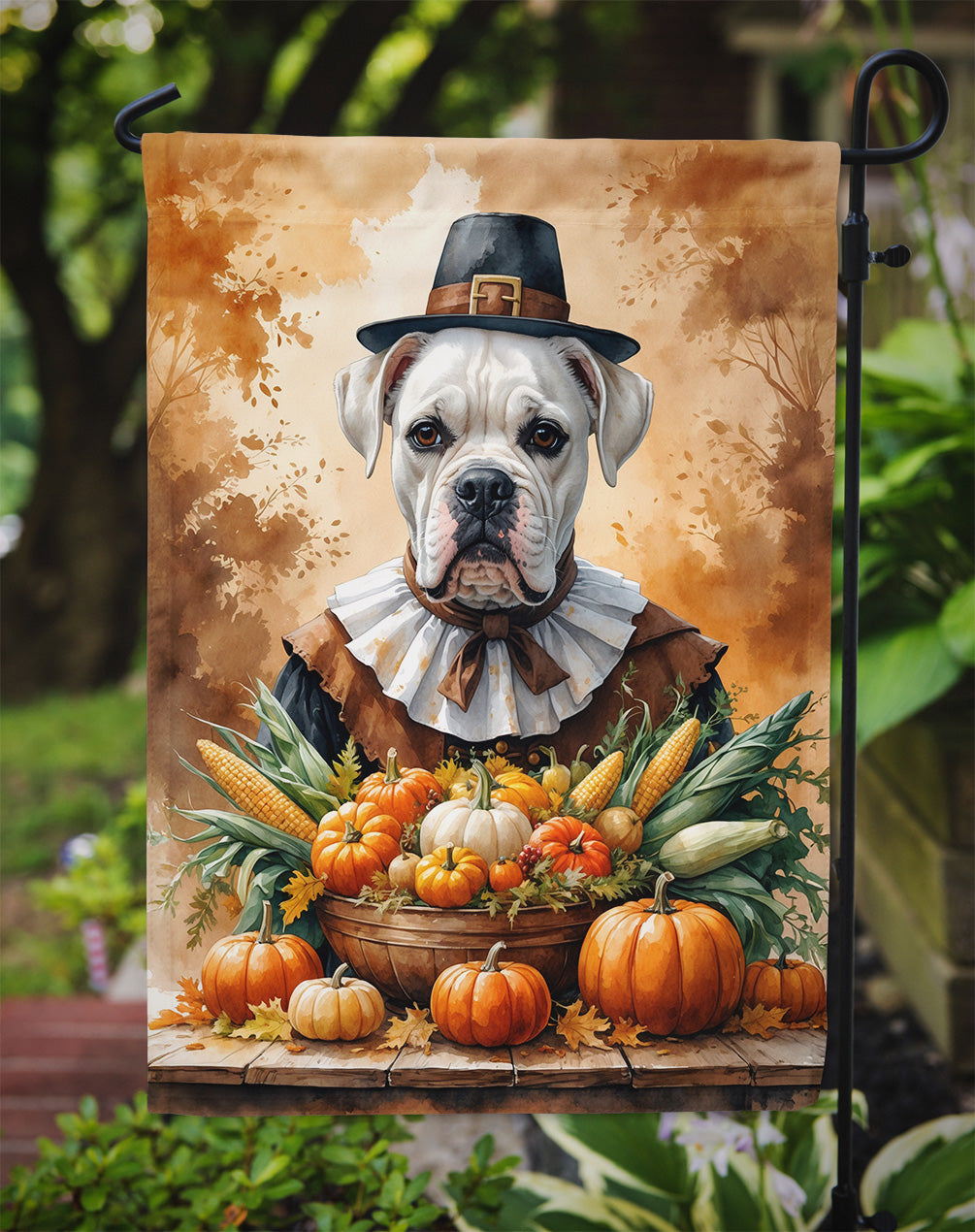 White Boxer Thanksgiving Garden Flag Mailbox Decorative Yard Banner Outside Patio Artwork for Flower Beds, Garden Size, Multicolor