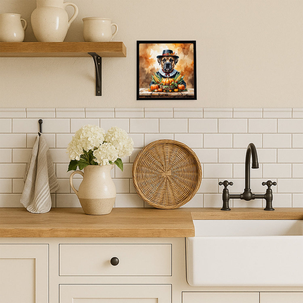 Bullmastiff Thanksgiving Framed Metal Print Bathroom, Kitchen, Office, Home Decor Wall Art Ready to Hang, Square, 8X8