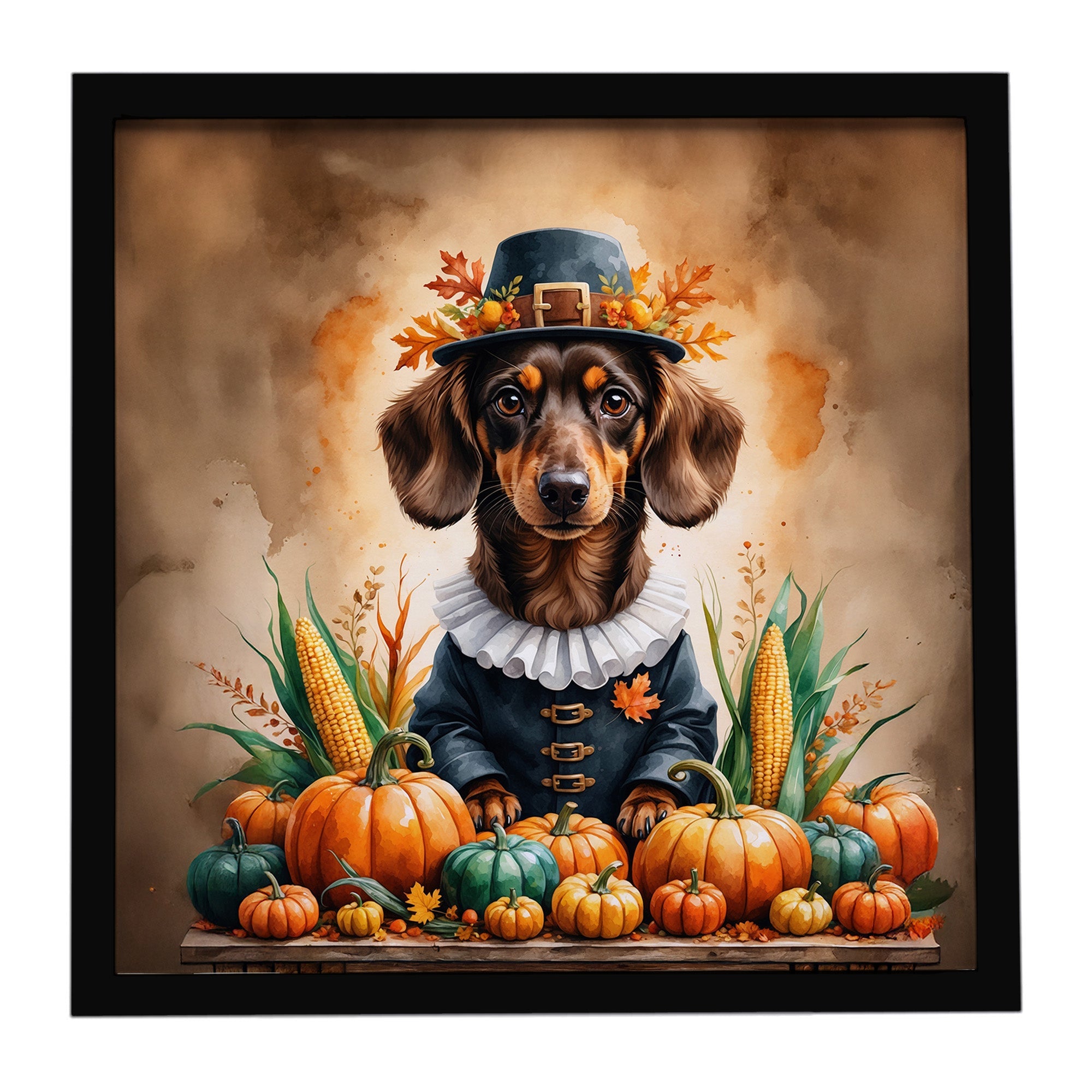 Chocolate Dachshund Thanksgiving Framed Metal Print Bathroom, Kitchen, Office, Home Decor Wall Art Ready to Hang, Square, 8X8
