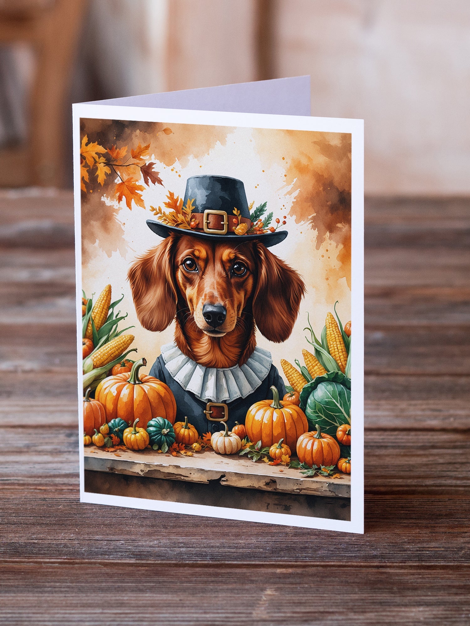 Red Brown Dachshund Thanksgiving Greeting Cards Pack of 8 Blank Cards with Envelopes Whimsical A7 Size 5x7
