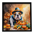 English Bulldog Thanksgiving Framed Metal Print Bathroom, Kitchen, Office, Home Decor Wall Art Ready to Hang, Square, 8X8