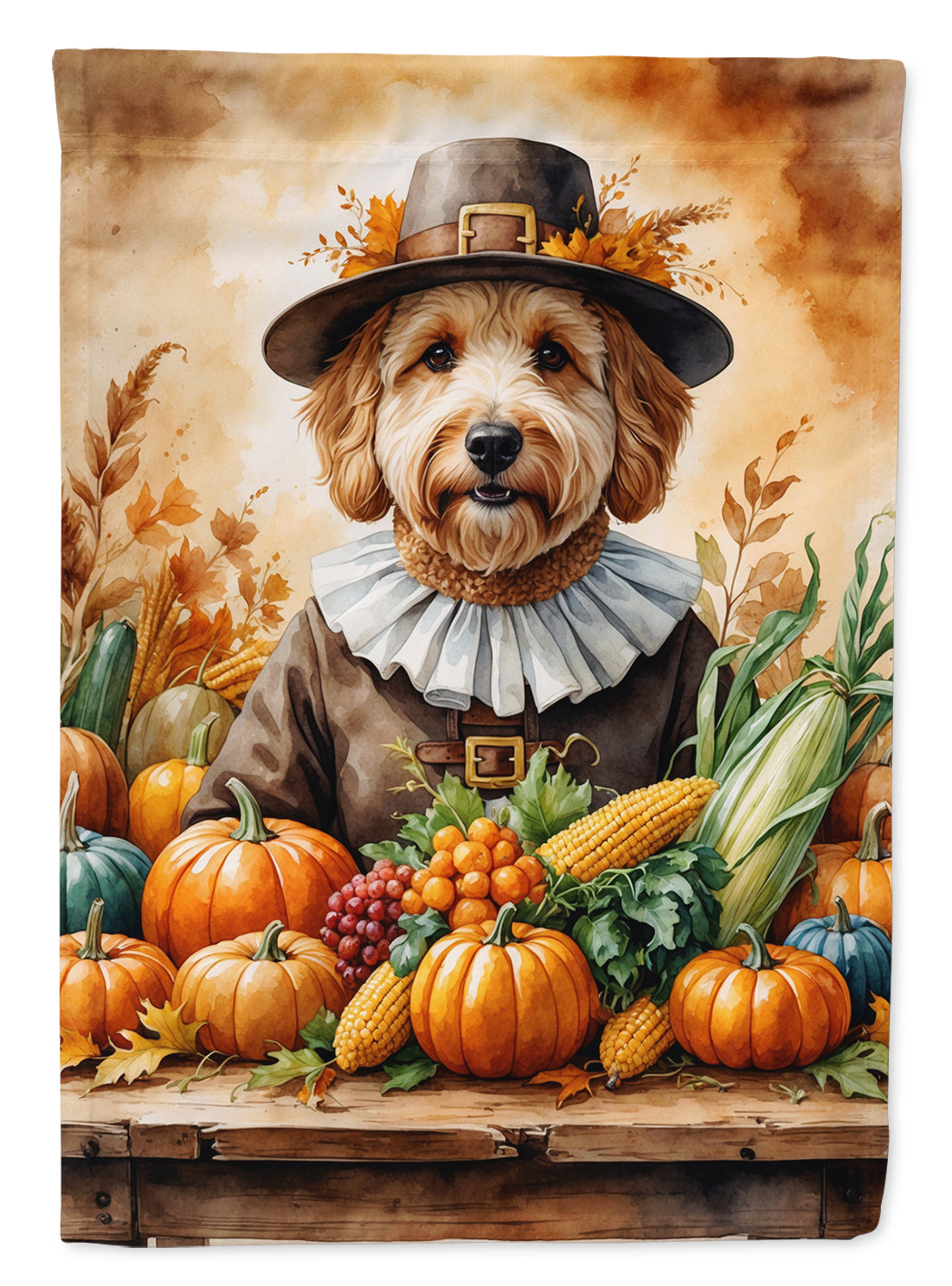 Goldendoodle Thanksgiving House Flag 28x40 Porch Sleeve Pole Decorative Outside Yard Banner Artwork Wall Hanging, Polyester