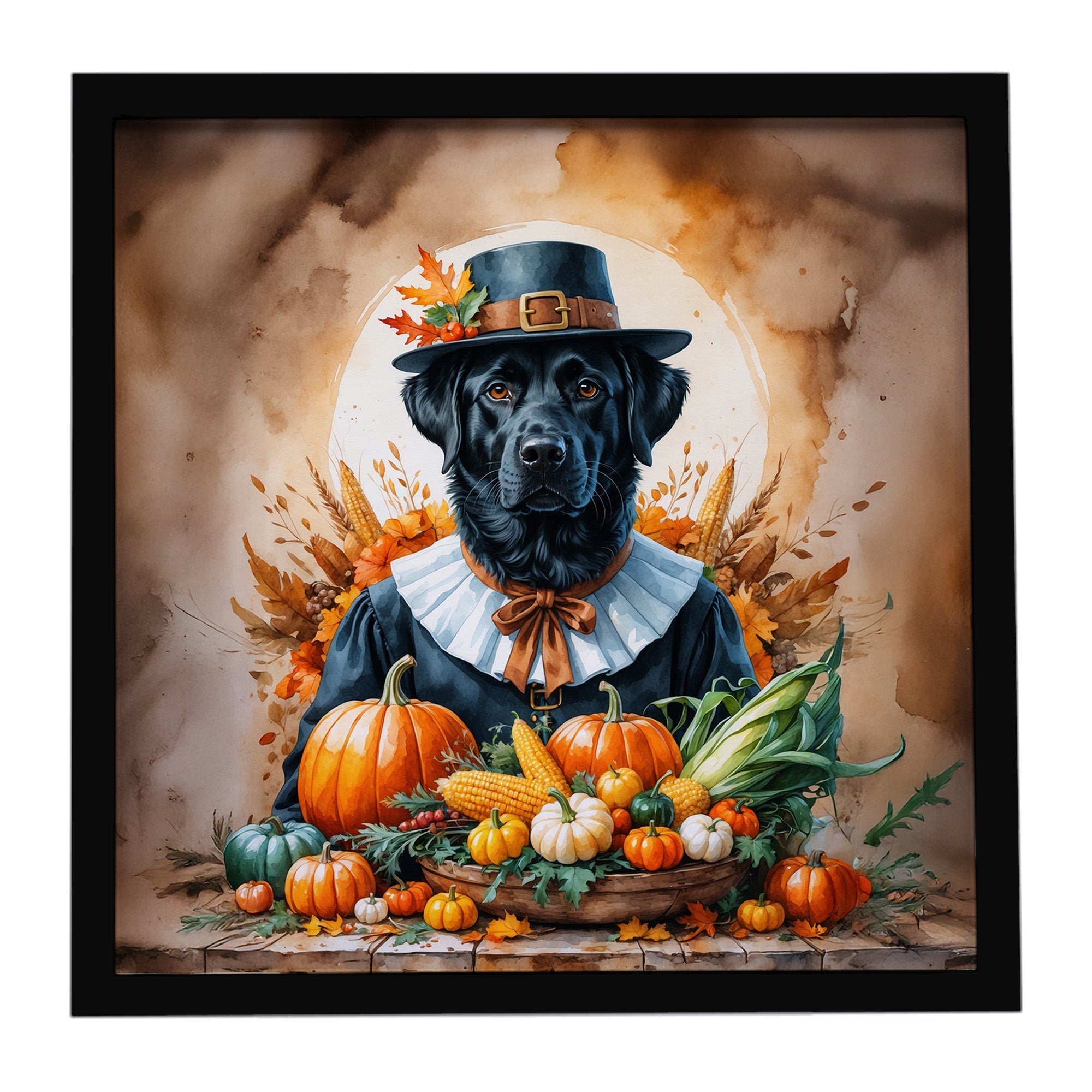 Black Labrador Retriever Thanksgiving Framed Metal Print Bathroom, Kitchen, Office, Home Decor Wall Art Ready to Hang, Square, 8X8
