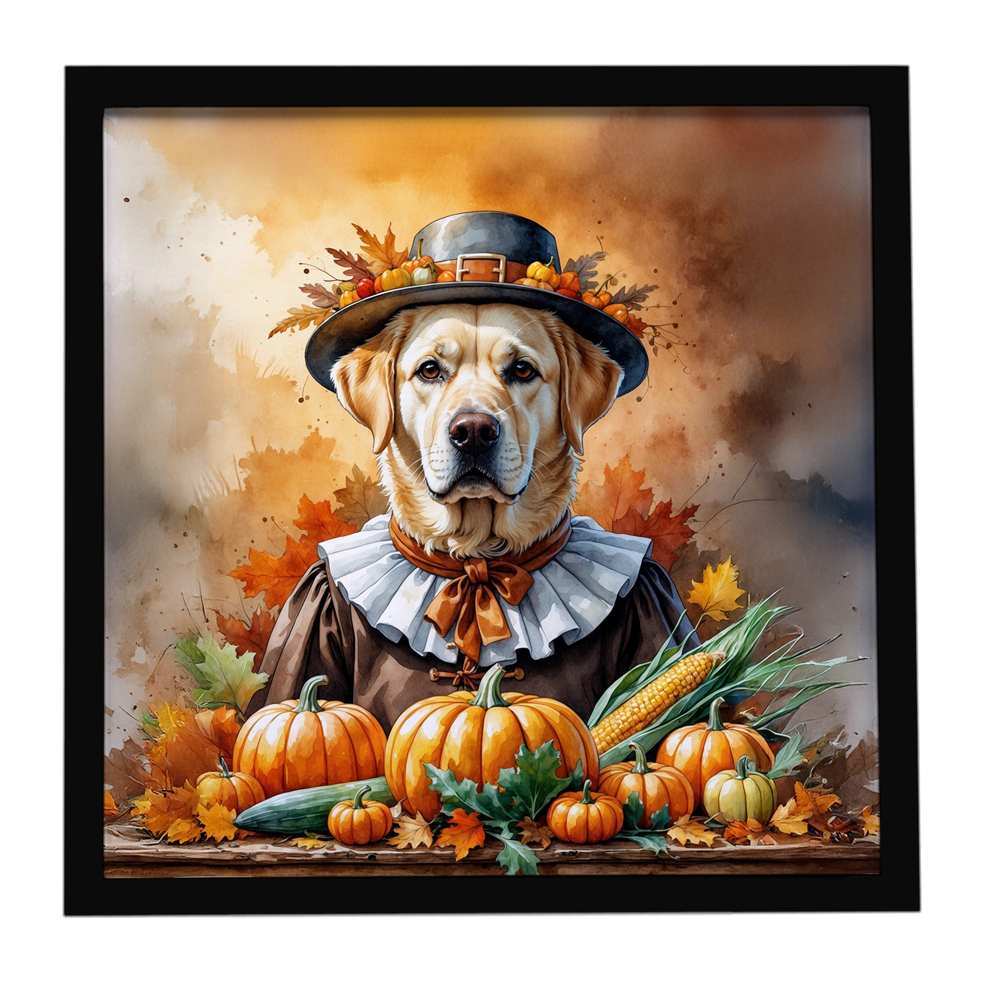 Yellow Labrador Retriever Thanksgiving Framed Metal Print Bathroom, Kitchen, Office, Home Decor Wall Art Ready to Hang, Square, 8X8