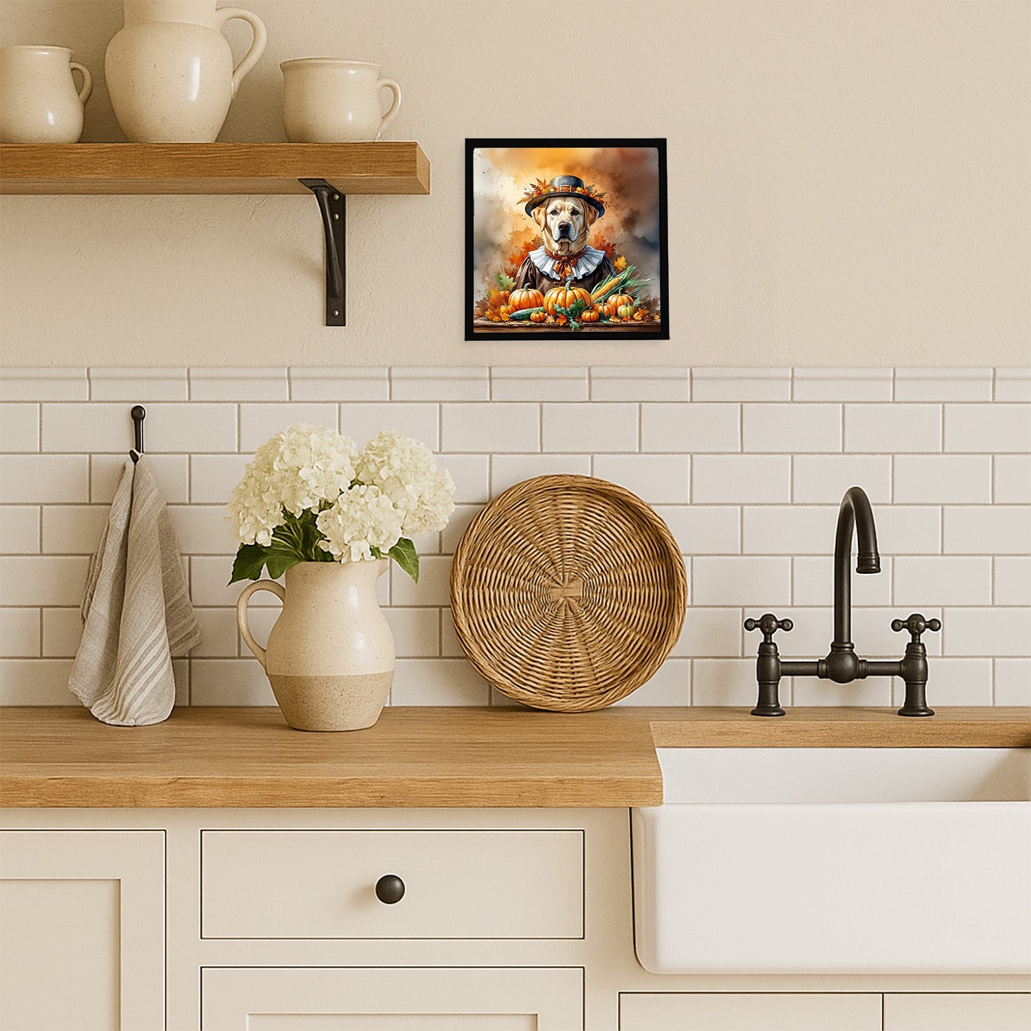 Yellow Labrador Retriever Thanksgiving Framed Metal Print Bathroom, Kitchen, Office, Home Decor Wall Art Ready to Hang, Square, 8X8