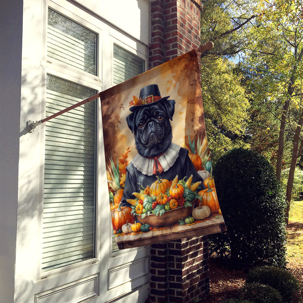 Black Pug Thanksgiving House Flag 28x40 Porch Sleeve Pole Decorative Outside Yard Banner Artwork Wall Hanging, Polyester