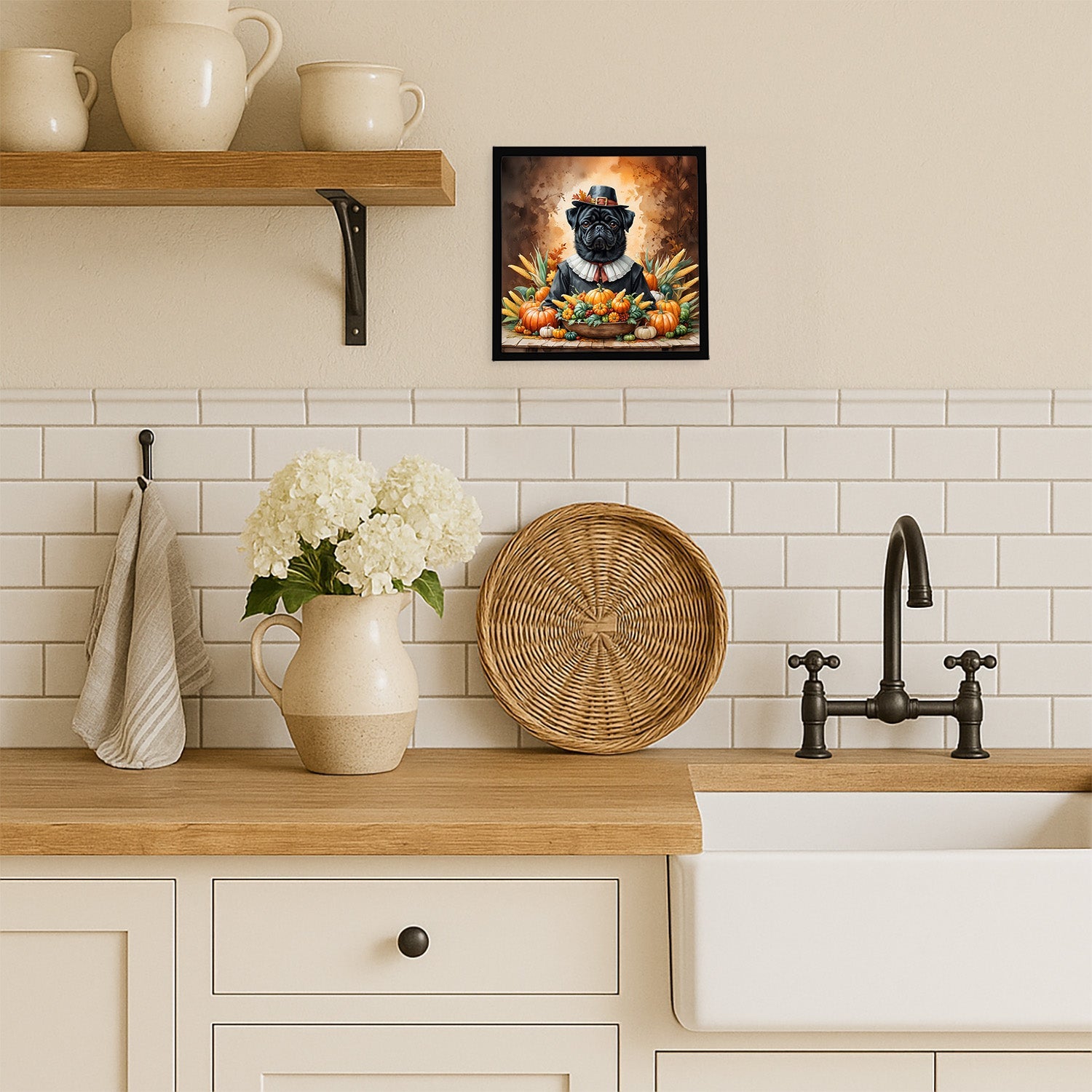 Black Pug Thanksgiving Framed Metal Print Bathroom, Kitchen, Office, Home Decor Wall Art Ready to Hang, Square, 8X8