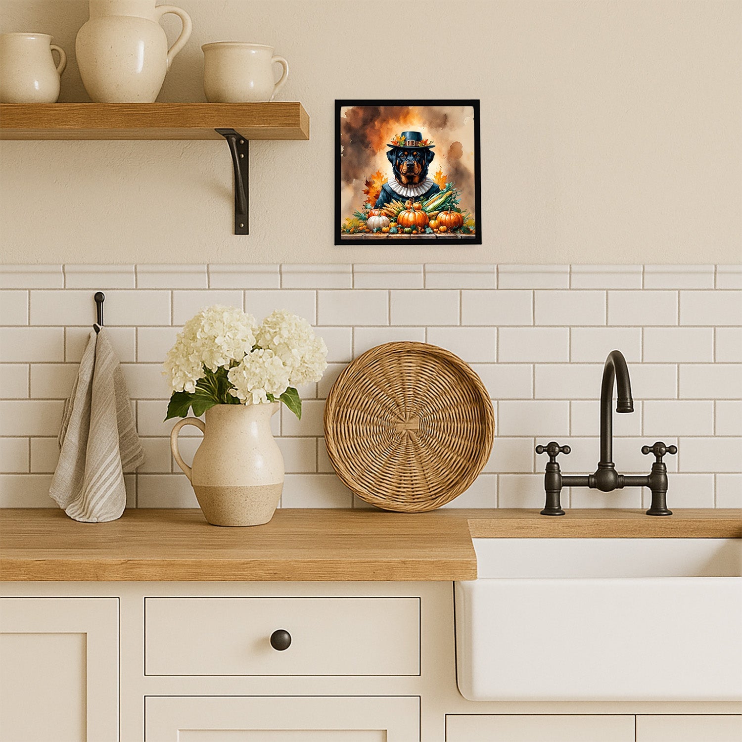 Rottweiler Thanksgiving Framed Metal Print Bathroom, Kitchen, Office, Home Decor Wall Art Ready to Hang, Square, 8X8
