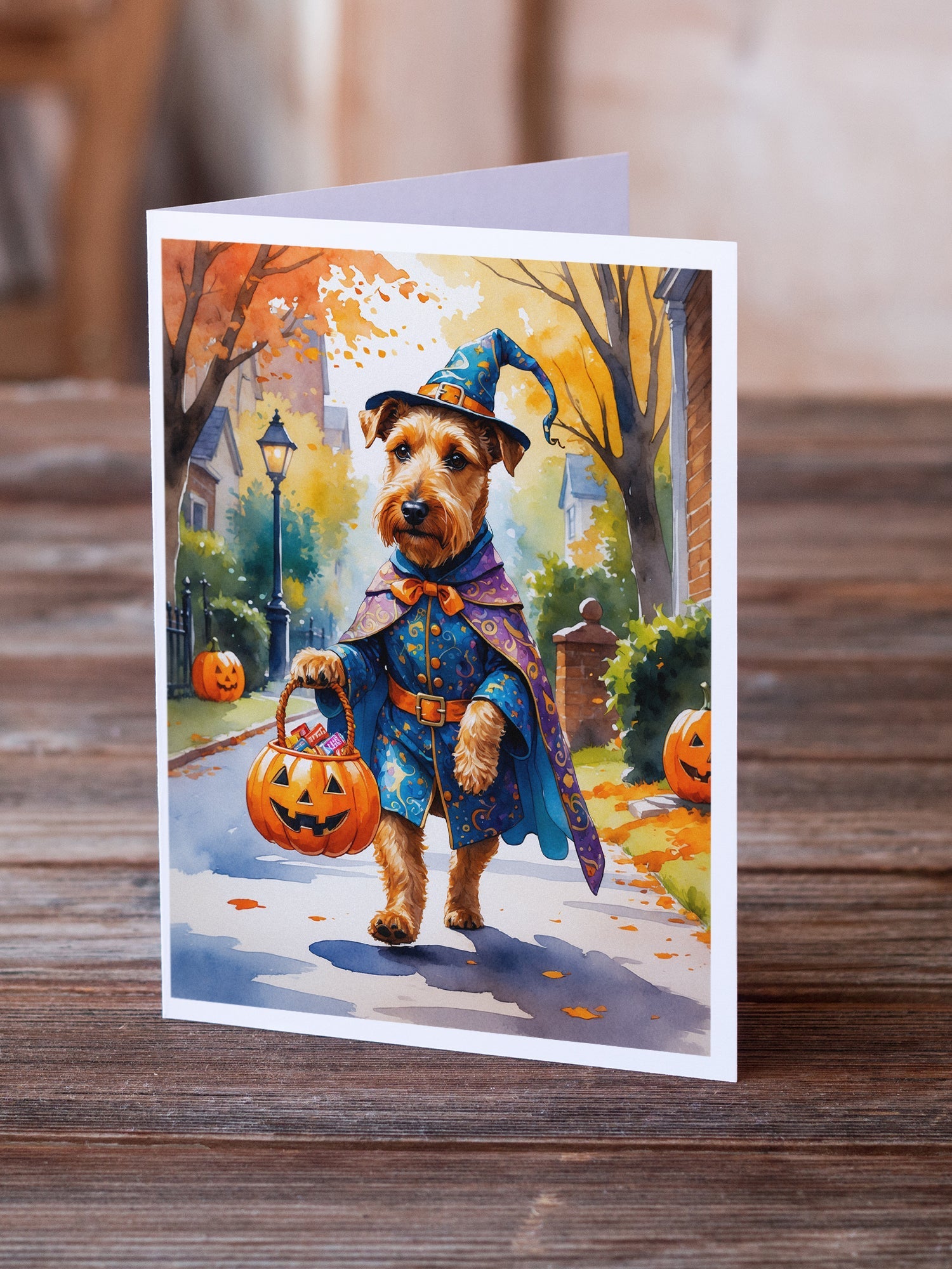 Airedale Terrier Halloween Trick or Treat Greeting Cards Pack of 8 Blank Cards with Envelopes Whimsical A7 Size 5x7