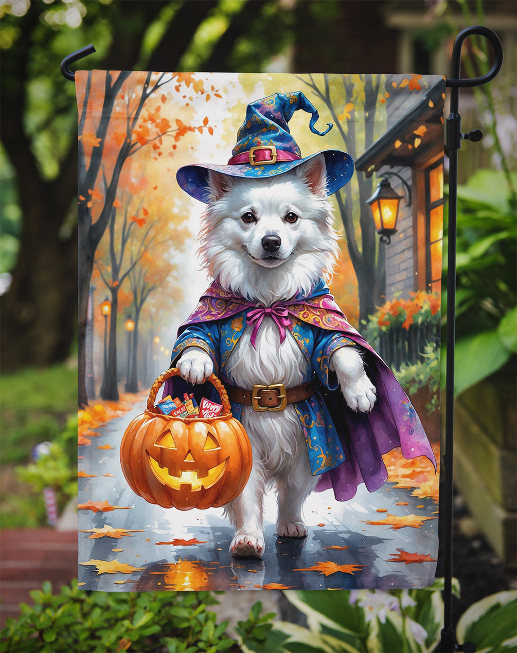 American Eskimo Halloween Trick or Treat Garden Flag Mailbox Decorative Yard Banner Outside Patio Artwork for Flower Beds, Garden Size, Multicolor