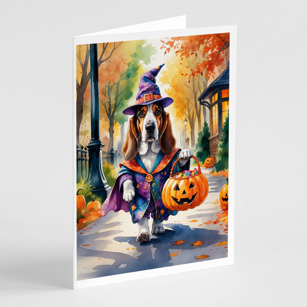Basset Hound Halloween Trick or Treat Greeting Cards Pack of 8 Blank Cards with Envelopes Whimsical A7 Size 5x7