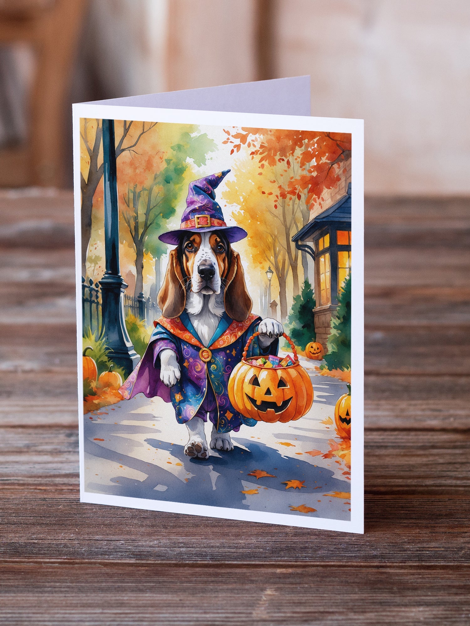 Basset Hound Halloween Trick or Treat Greeting Cards Pack of 8 Blank Cards with Envelopes Whimsical A7 Size 5x7