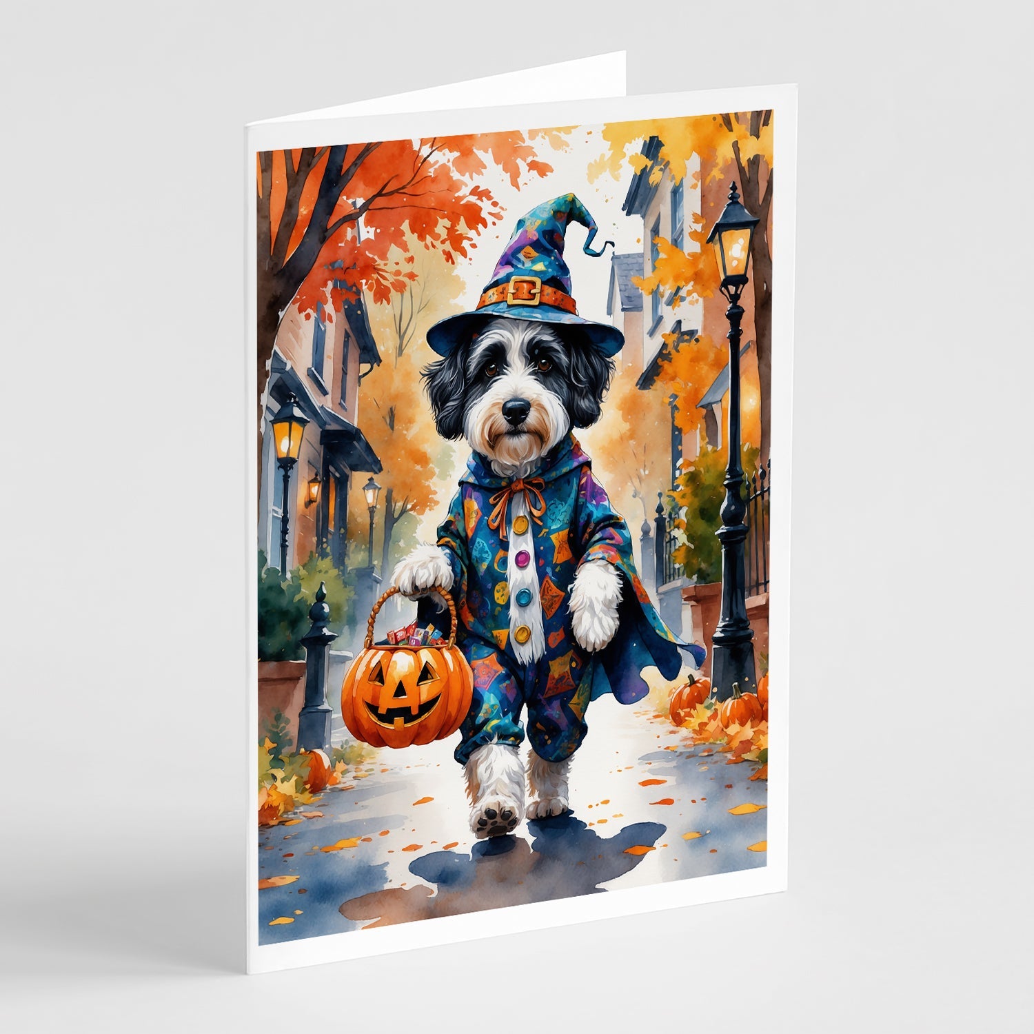 Bernedoodle Halloween Trick or Treat Greeting Cards Pack of 8 Blank Cards with Envelopes Whimsical A7 Size 5x7