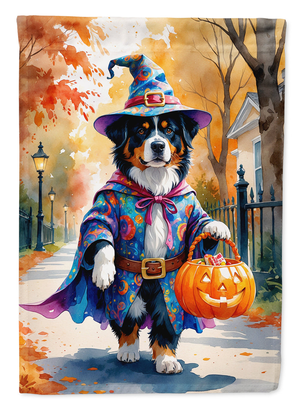 Bernese Mountain Dog Halloween Trick or Treat House Flag 28x40 Porch Sleeve Pole Decorative Outside Yard Banner Artwork Wall Hanging, Polyester