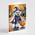 Bichon Frise Halloween Trick or Treat Greeting Cards Pack of 8 Blank Cards with Envelopes Whimsical A7 Size 5x7
