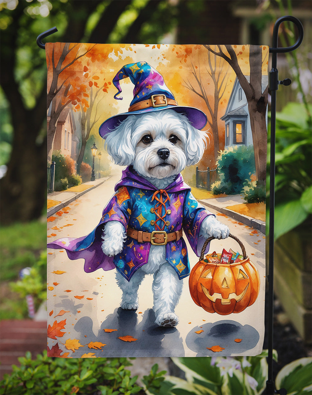 Bichon Frise Halloween Trick or Treat Garden Flag Mailbox Decorative Yard Banner Outside Patio Artwork for Flower Beds, Garden Size, Multicolor