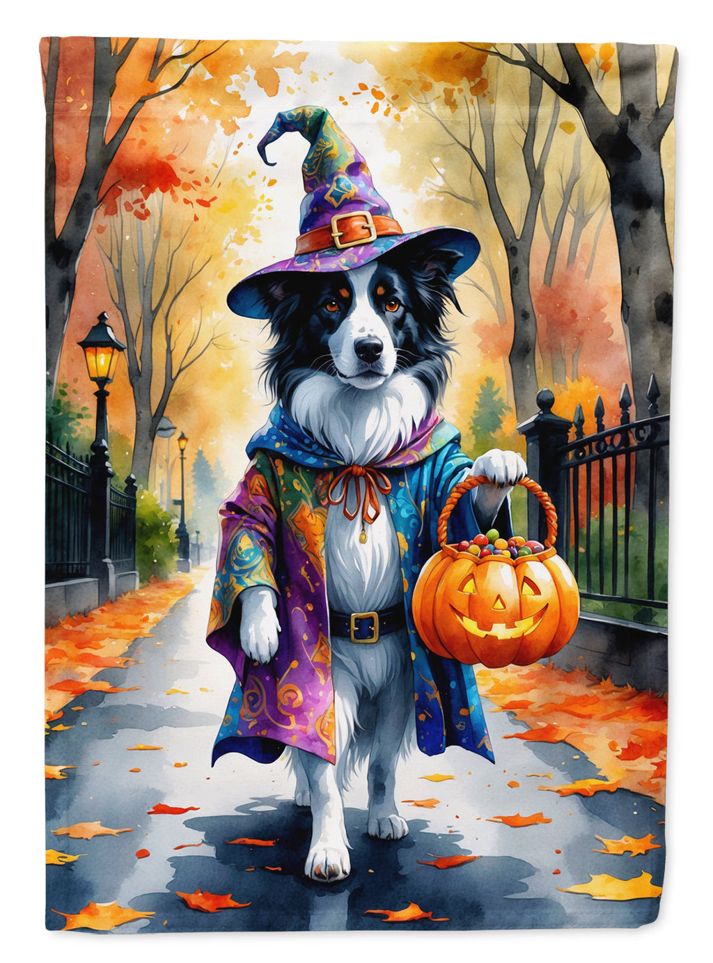 Border Collie Halloween Trick or Treat House Flag 28x40 Porch Sleeve Pole Decorative Outside Yard Banner Artwork Wall Hanging, Polyester