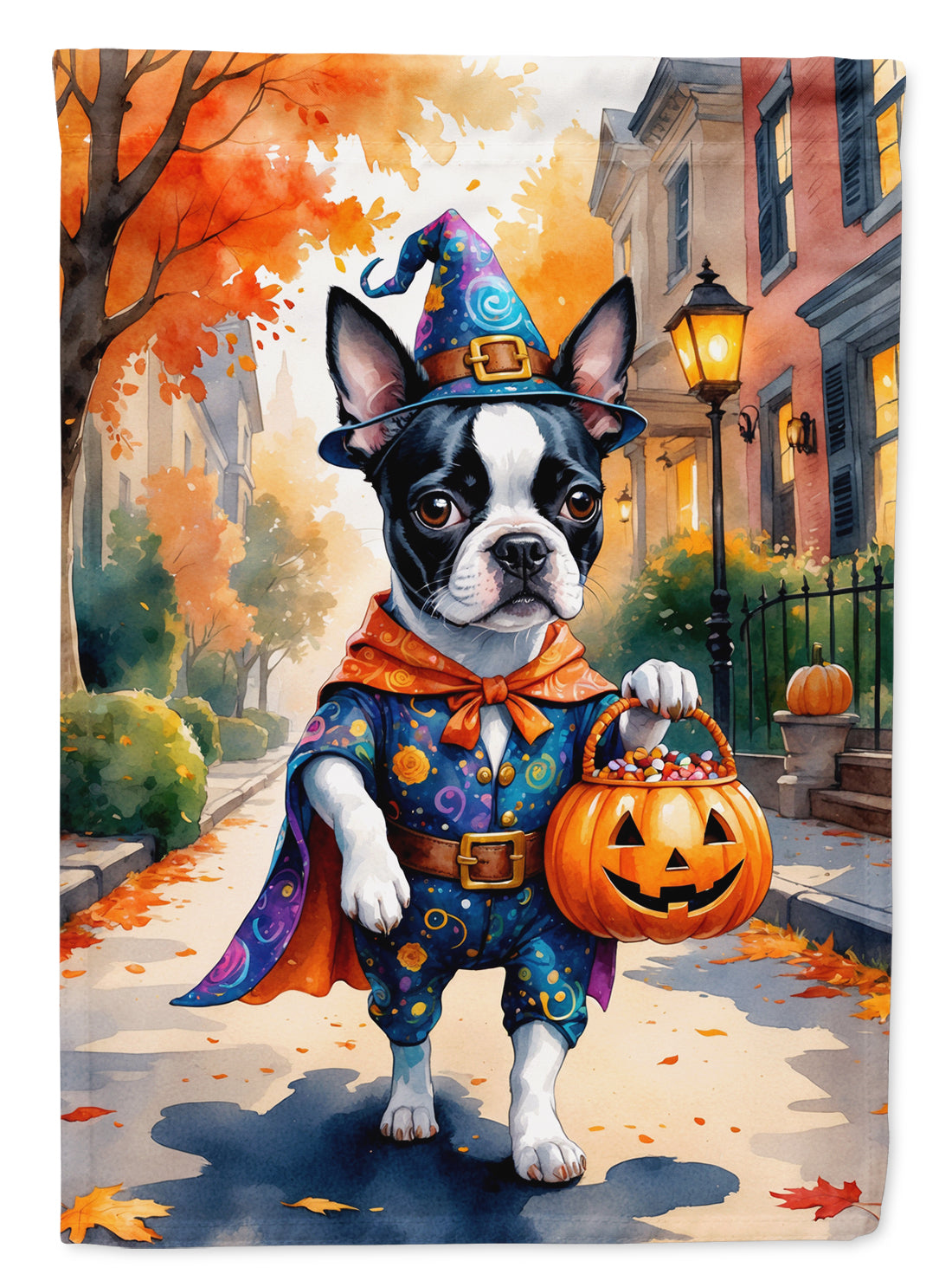 Boston Terrier Halloween Trick or Treat House Flag 28x40 Porch Sleeve Pole Decorative Outside Yard Banner Artwork Wall Hanging, Polyester