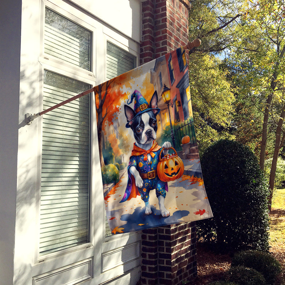 Boston Terrier Halloween Trick or Treat House Flag 28x40 Porch Sleeve Pole Decorative Outside Yard Banner Artwork Wall Hanging, Polyester