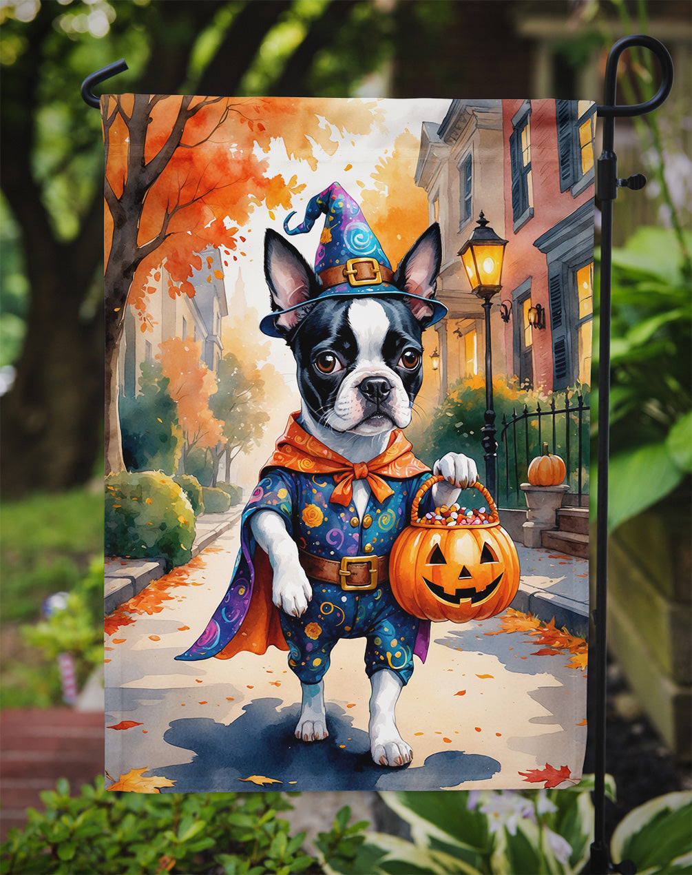Boston Terrier Halloween Trick or Treat Garden Flag Mailbox Decorative Yard Banner Outside Patio Artwork for Flower Beds, Garden Size, Multicolor