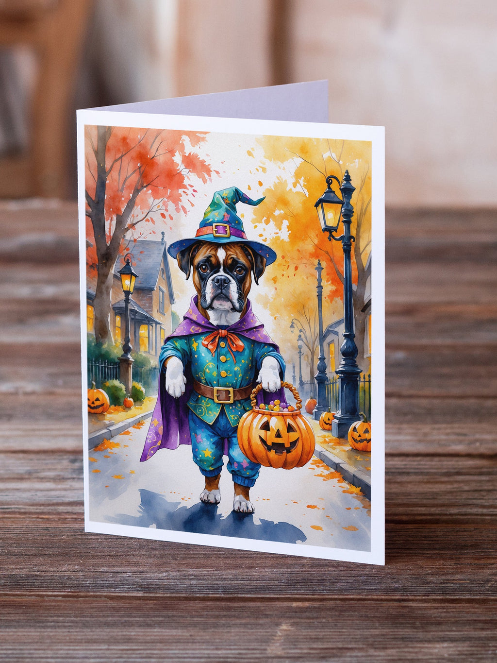 Boxer Halloween Trick or Treat Greeting Cards Pack of 8 Blank Cards with Envelopes Whimsical A7 Size 5x7