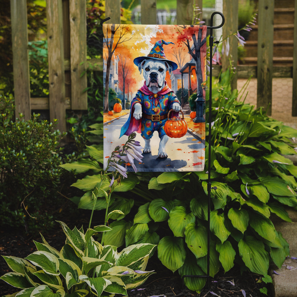 White Boxer Halloween Trick or Treat Garden Flag Mailbox Decorative Yard Banner Outside Patio Artwork for Flower Beds, Garden Size, Multicolor