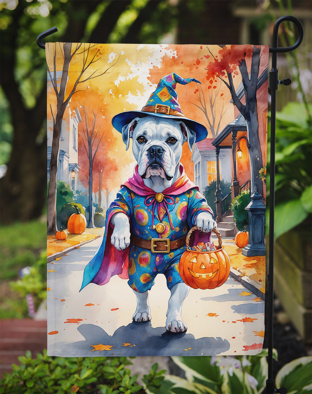 White Boxer Halloween Trick or Treat Garden Flag Mailbox Decorative Yard Banner Outside Patio Artwork for Flower Beds, Garden Size, Multicolor