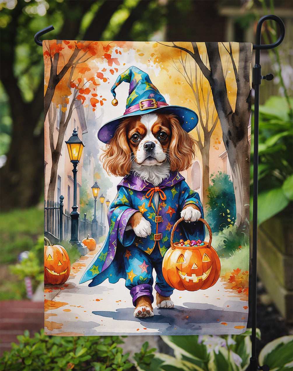 Cavalier Spaniel Halloween Trick or Treat Garden Flag Mailbox Decorative Yard Banner Outside Patio Artwork for Flower Beds, Garden Size, Multicolor