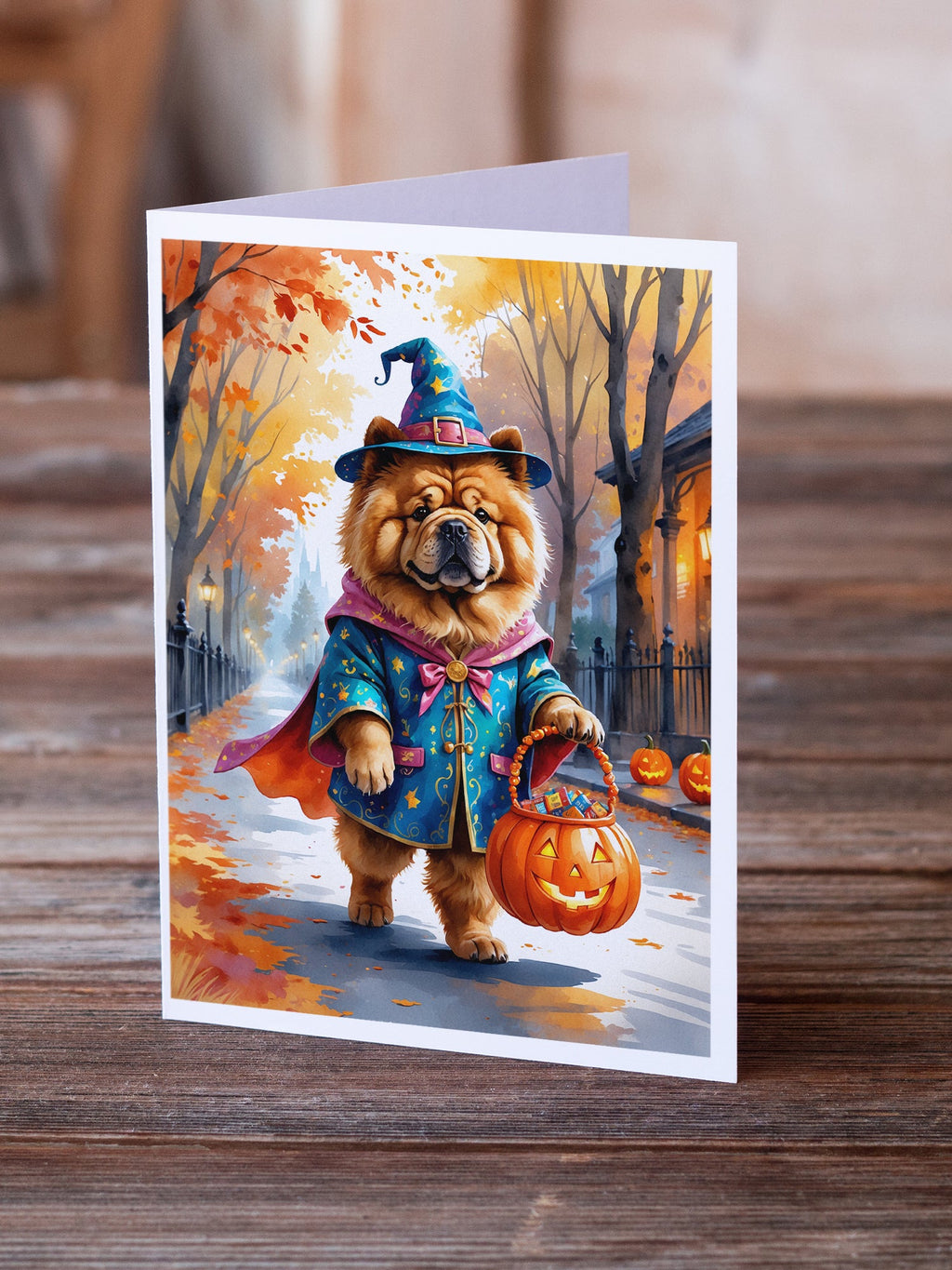 Chow Chow Halloween Trick or Treat Greeting Cards Pack of 8 Blank Cards with Envelopes Whimsical A7 Size 5x7