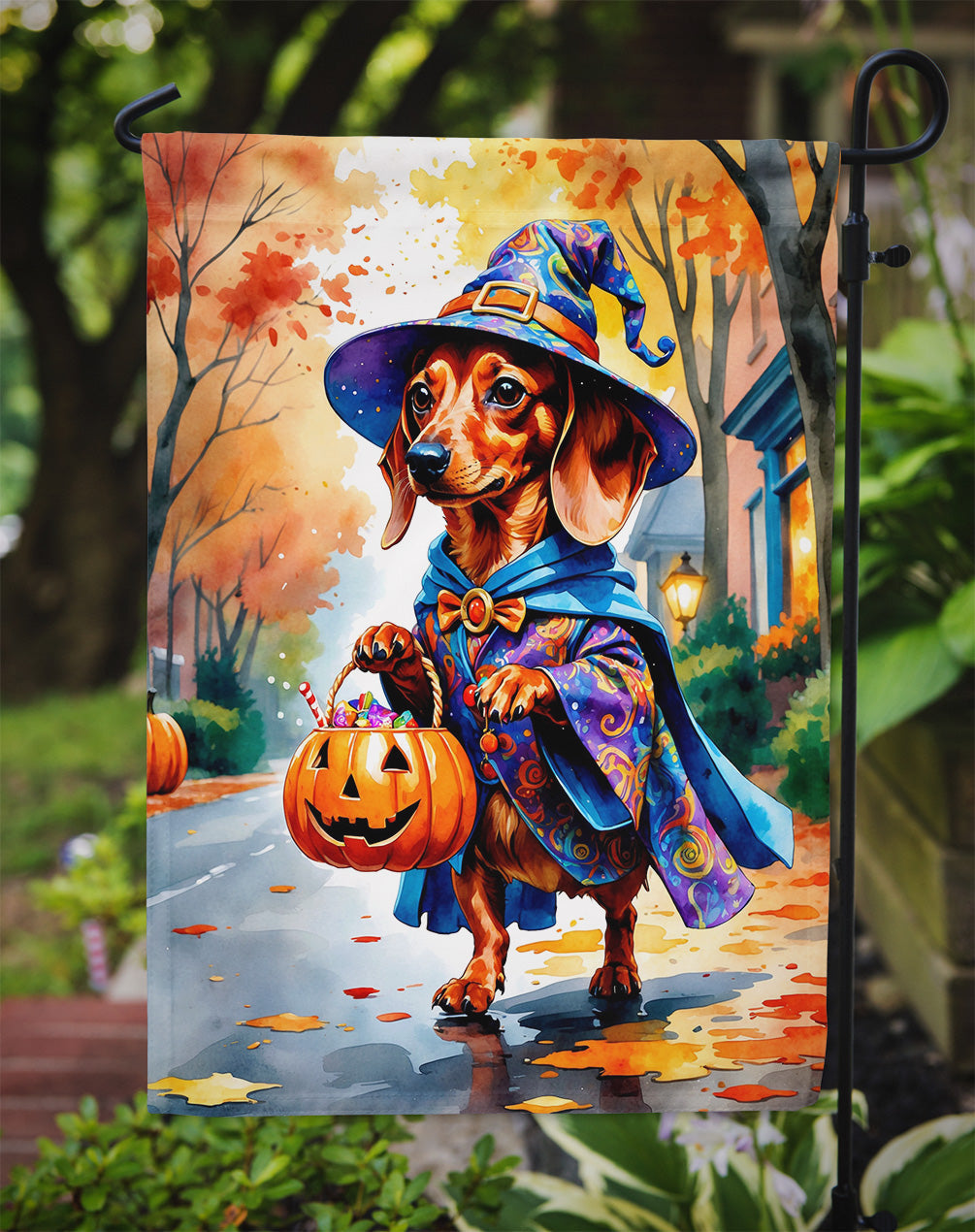 Red Dachshund Halloween Trick or Treat Garden Flag Mailbox Decorative Yard Banner Outside Patio Artwork for Flower Beds, Garden Size, Multicolor