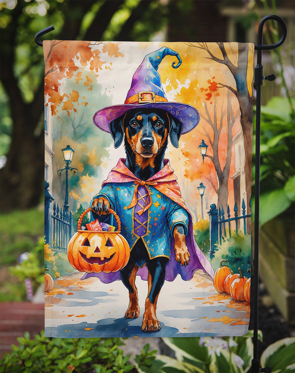 Doberman Pinscher Halloween Trick or Treat Garden Flag Mailbox Decorative Yard Banner Outside Patio Artwork for Flower Beds, Garden Size, Multicolor