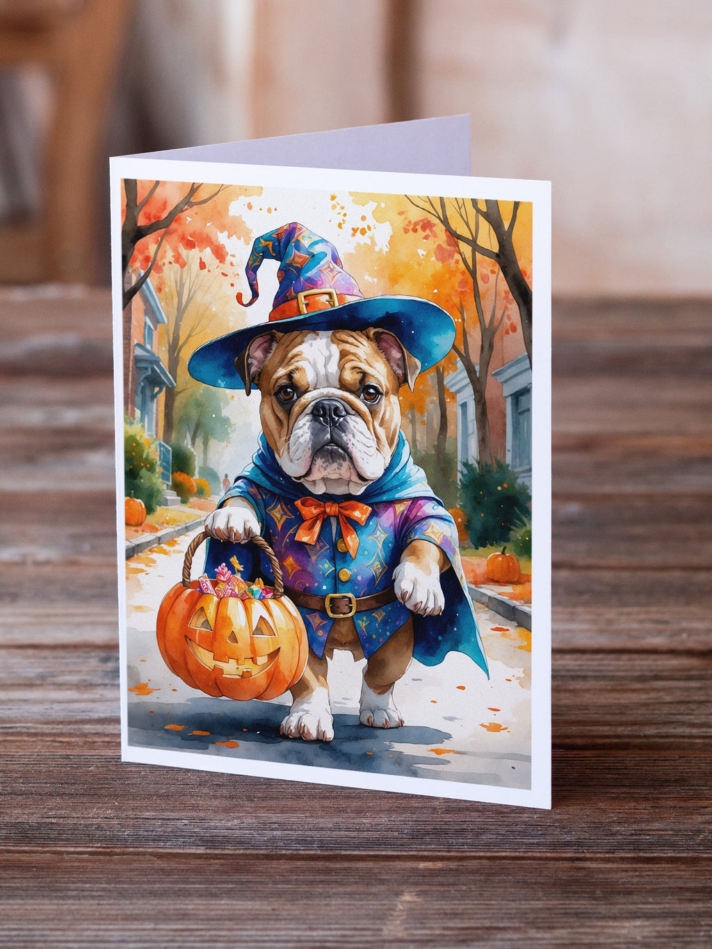 English Bulldog Halloween Trick or Treat Greeting Cards Pack of 8 Blank Cards with Envelopes Whimsical A7 Size 5x7