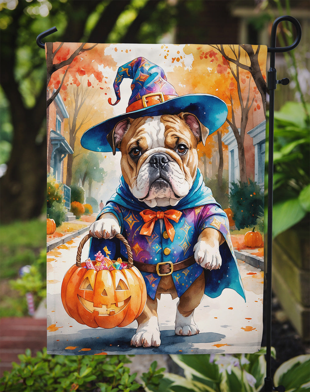 English Bulldog Halloween Trick or Treat Garden Flag Mailbox Decorative Yard Banner Outside Patio Artwork for Flower Beds, Garden Size, Multicolor