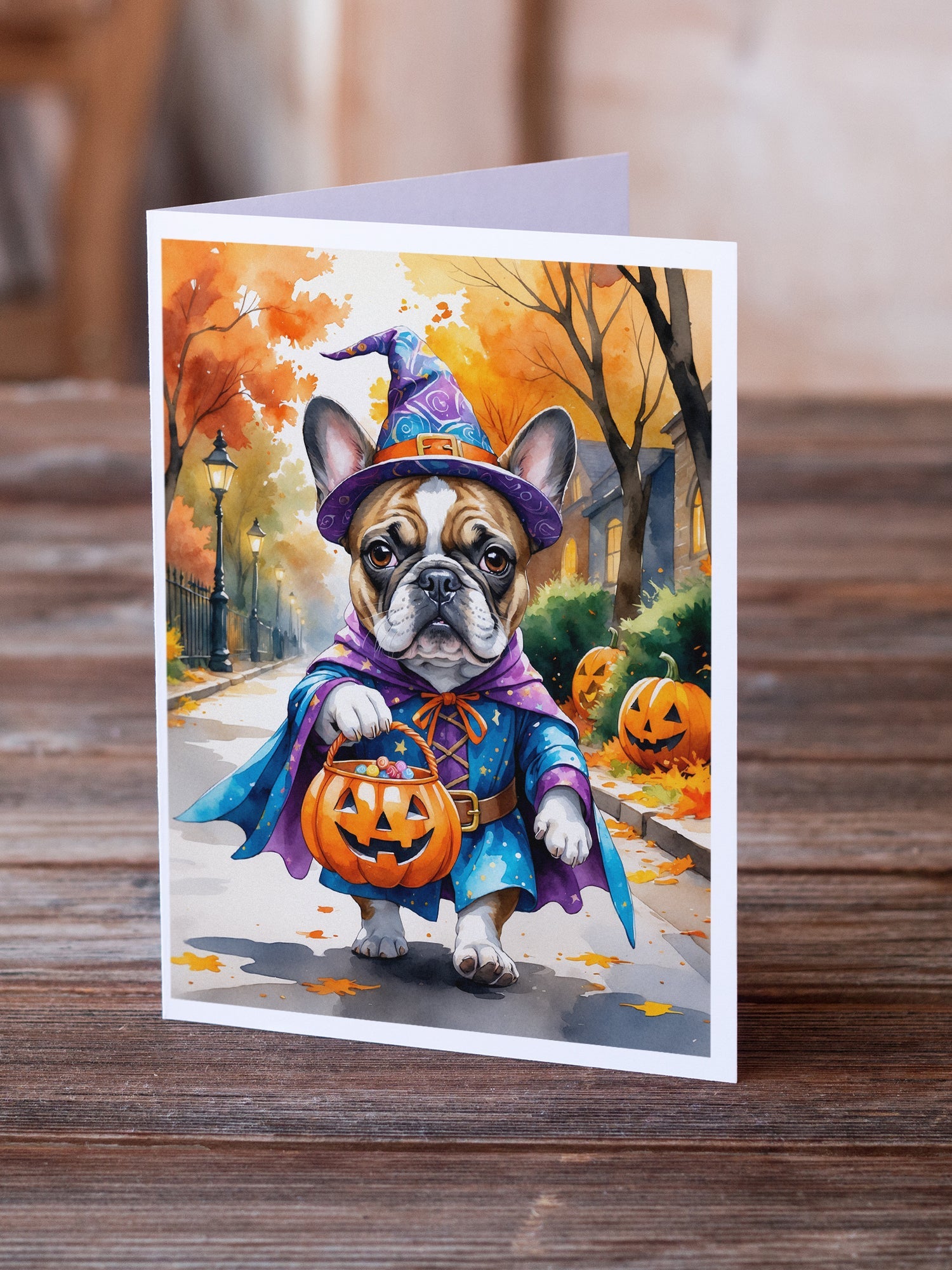 French Bulldog Halloween Trick or Treat Greeting Cards Pack of 8 Blank Cards with Envelopes Whimsical A7 Size 5x7