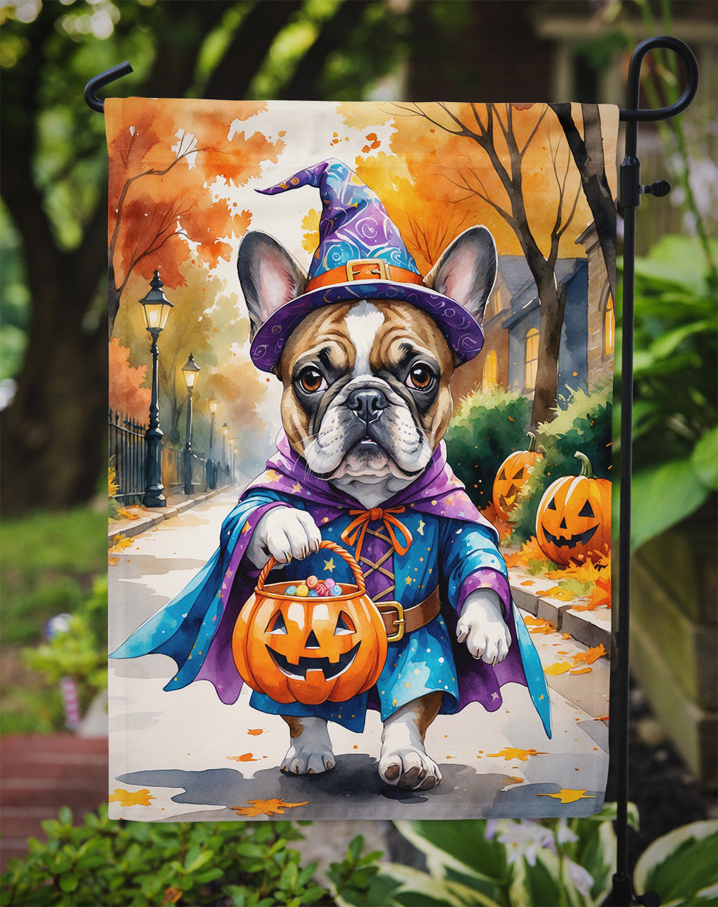 French Bulldog Halloween Trick or Treat Garden Flag Mailbox Decorative Yard Banner Outside Patio Artwork for Flower Beds, Garden Size, Multicolor