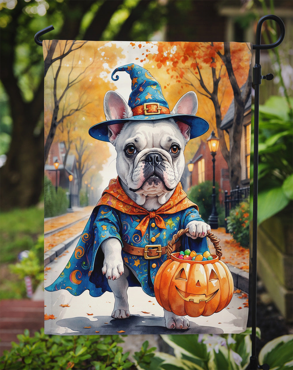 White French Bulldog Halloween Trick or Treat Garden Flag Mailbox Decorative Yard Banner Outside Patio Artwork for Flower Beds, Garden Size, Multicolor