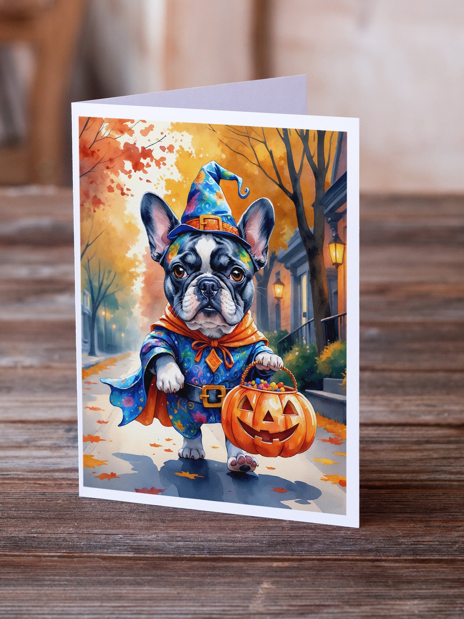 Black White French Bulldog Halloween Trick or Treat Greeting Cards Pack of 8 Blank Cards with Envelopes Whimsical A7 Size 5x7