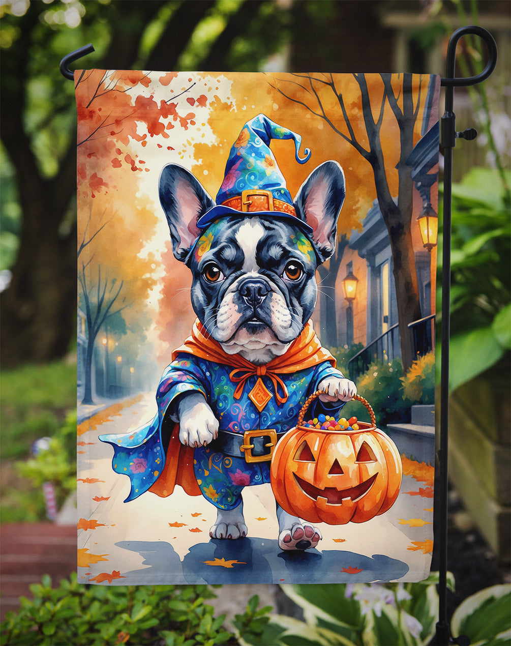 Black White French Bulldog Halloween Trick or Treat Garden Flag Mailbox Decorative Yard Banner Outside Patio Artwork for Flower Beds, Garden Size, Multicolor