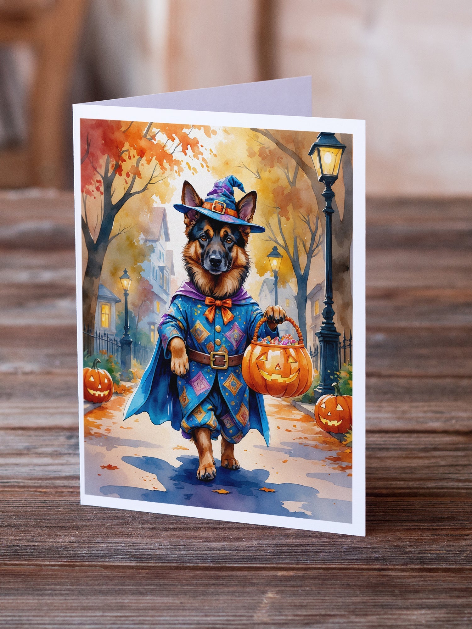 German Shepherd Halloween Trick or Treat Greeting Cards Pack of 8 Blank Cards with Envelopes Whimsical A7 Size 5x7