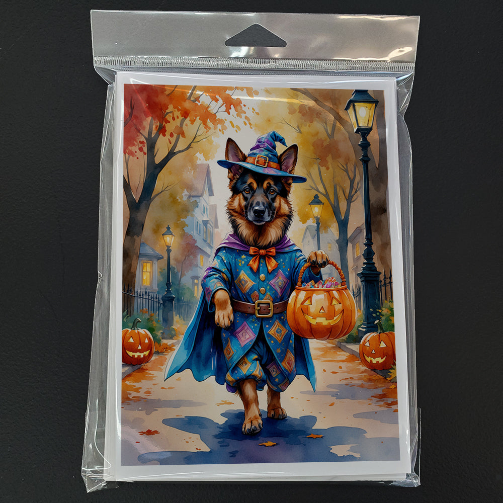 German Shepherd Halloween Trick or Treat Greeting Cards Pack of 8 Blank Cards with Envelopes Whimsical A7 Size 5x7
